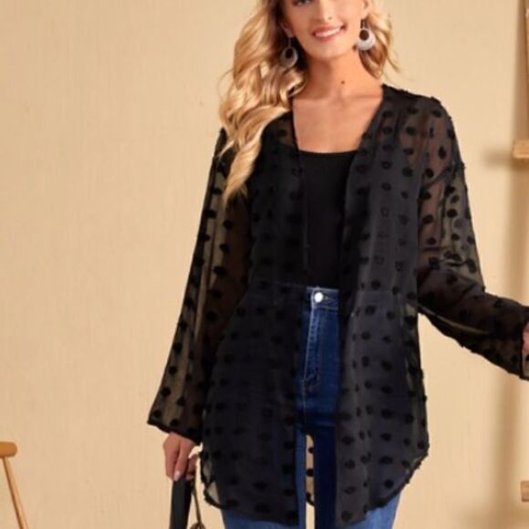 NEW! Pretty Black Shirt Swiss Dot Open Front Kimono Women's Size Med (8-10) Boho - Picture 1 of 4
